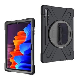  Samsung Galaxy Tab S7 Plus 12.4 / Tab S7 FE 12.4 / Tab S8 Plus 12.4, Műanyag hátlap védőtok, szilikon belső, kitámasztóval, kézpánt, Defender, fekete