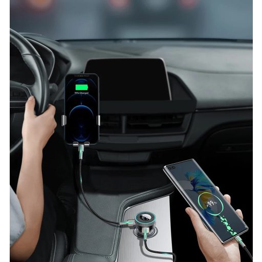 Autós töltő, Szivargyújtós töltő, + FM transzmitter, 2 x USB aljzat, v5.0, 17W, TF kártya olvasó, AUX csatlakozó, zajszűrővel, LED kijelzővel, gyorstöltés, Baseus Enjoy Car CCLH-01, fekete