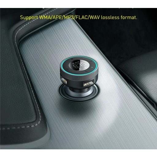 Autós töltő, Szivargyújtós töltő, + FM transzmitter, 2 x USB aljzat, v5.0, 17W, TF kártya olvasó, AUX csatlakozó, zajszűrővel, LED kijelzővel, gyorstöltés, Baseus Enjoy Car CCLH-01, fekete