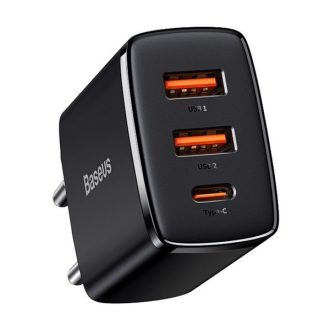   Hálózati töltő adapter, 30W, 2 x USB aljzat, USB Type-C aljzat, gyorstöltés, PD 3.0, QC 3.0, Baseus Compact, fekete
