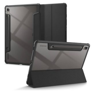   Samsung Galaxy Tab S9 11.0 SM-X710 / X716B, mappa tok, légpárnás sarok, közepesen ütésálló, érintőceruza tartóval, Trifold, Spigen Ultra Hybrid Pro, átlátszó/fekete