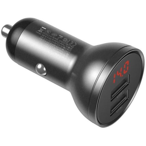 Autós töltő, Szivargyújtós töltő, 24W, 2 x USB aljzat, gyorstöltés, LED kijelzővel, Baseus CCBX-0G, szürke