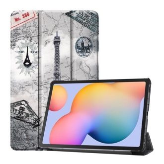   Samsung Galaxy Tab S6 Lite 10.4 (2020 / 2022 / 2024) SM-P610 / P615 / P613 / P619 / P620 / P625, mappa tok, Eiffel torony, térkép minta, Trifold, szürke