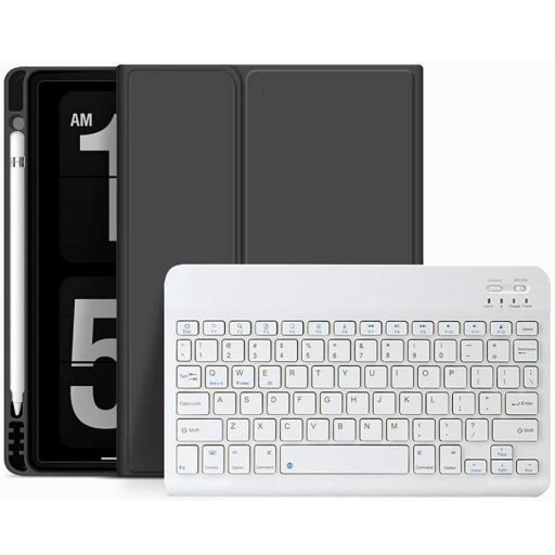 Apple iPad 10.2 (2019 / 2020 / 2021), Bluetooth billentyűzetes mappa tok, érintőceruza tartó, érintőceruza nélkül, TP SC Pen Holder + Keyboard, fekete