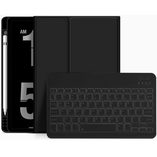 Apple iPad 10.9 (2022) / iPad 11 (2025), Bluetooth billentyűzetes mappa tok, érintőceruza tartó, érintőceruza nélkül, TP SC Pen Holder + Keyboard, fekete